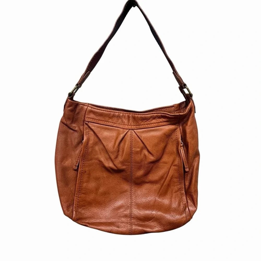 American Leather Co Austin Cognac Brown Pebbled Leather Hobo Shoulder Bag Zipper